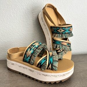 Teva • Flatform Ceres Fringe Platform Sandals, Double Diamond Teal Blue- Size 7